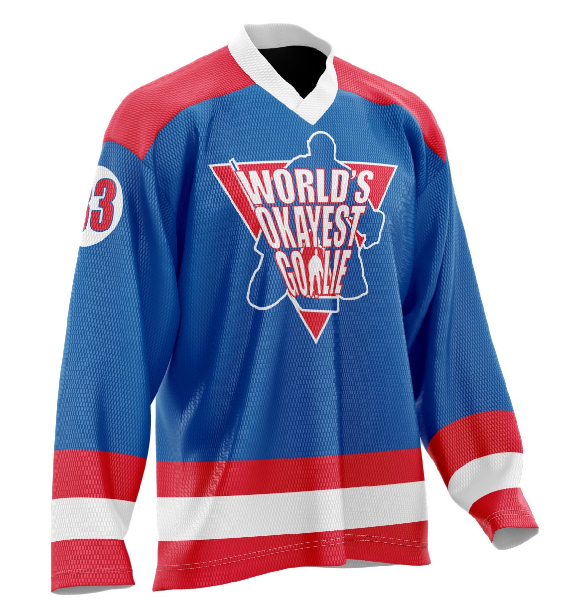 World's Okayest Goalie Hockey Jersey Blue/Red/White