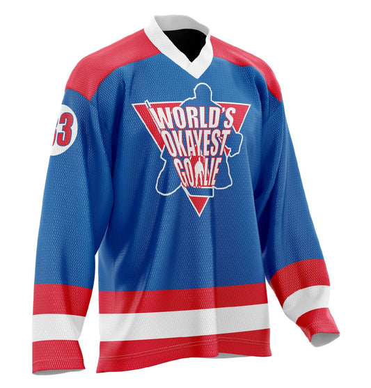 World's Okayest Goalie Hockey Jersey Blue/Red/White