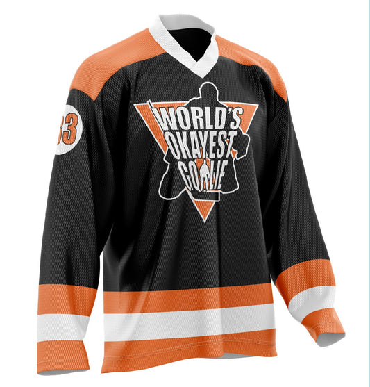 World's Okayest Goalie Hockey Jersey Black/Orange/White