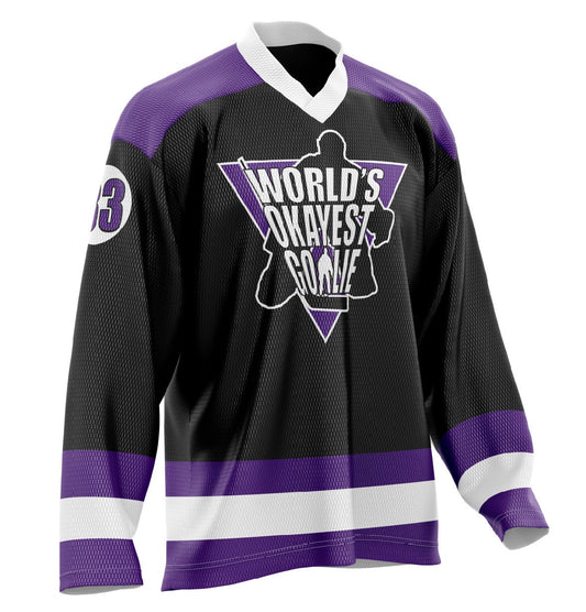 World's Okayest Goalie Hockey Jersey Black/Purple/White