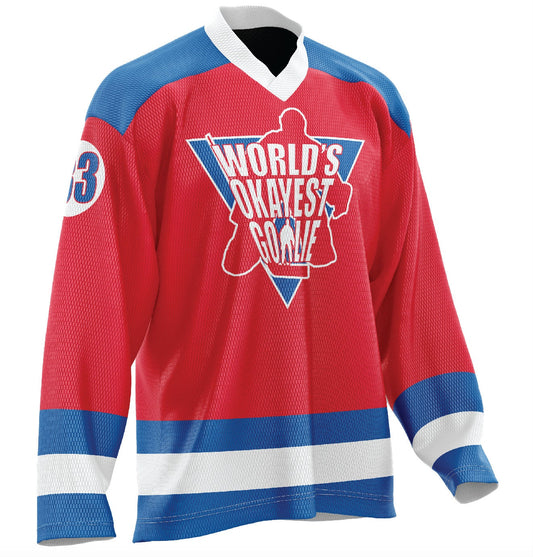 World's Okayest Goalie Hockey Jersey Red/Blue/White