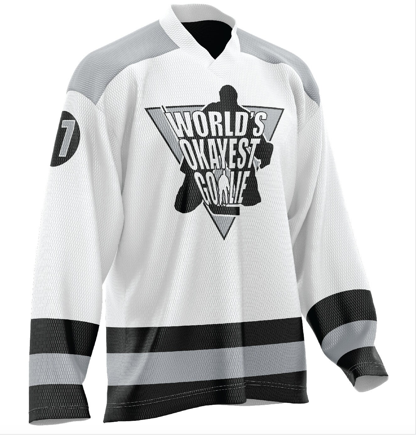 World's Okayest Goalie Hockey Jersey White/Black/Gray