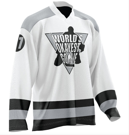 World's Okayest Goalie Hockey Jersey White/Black/Gray