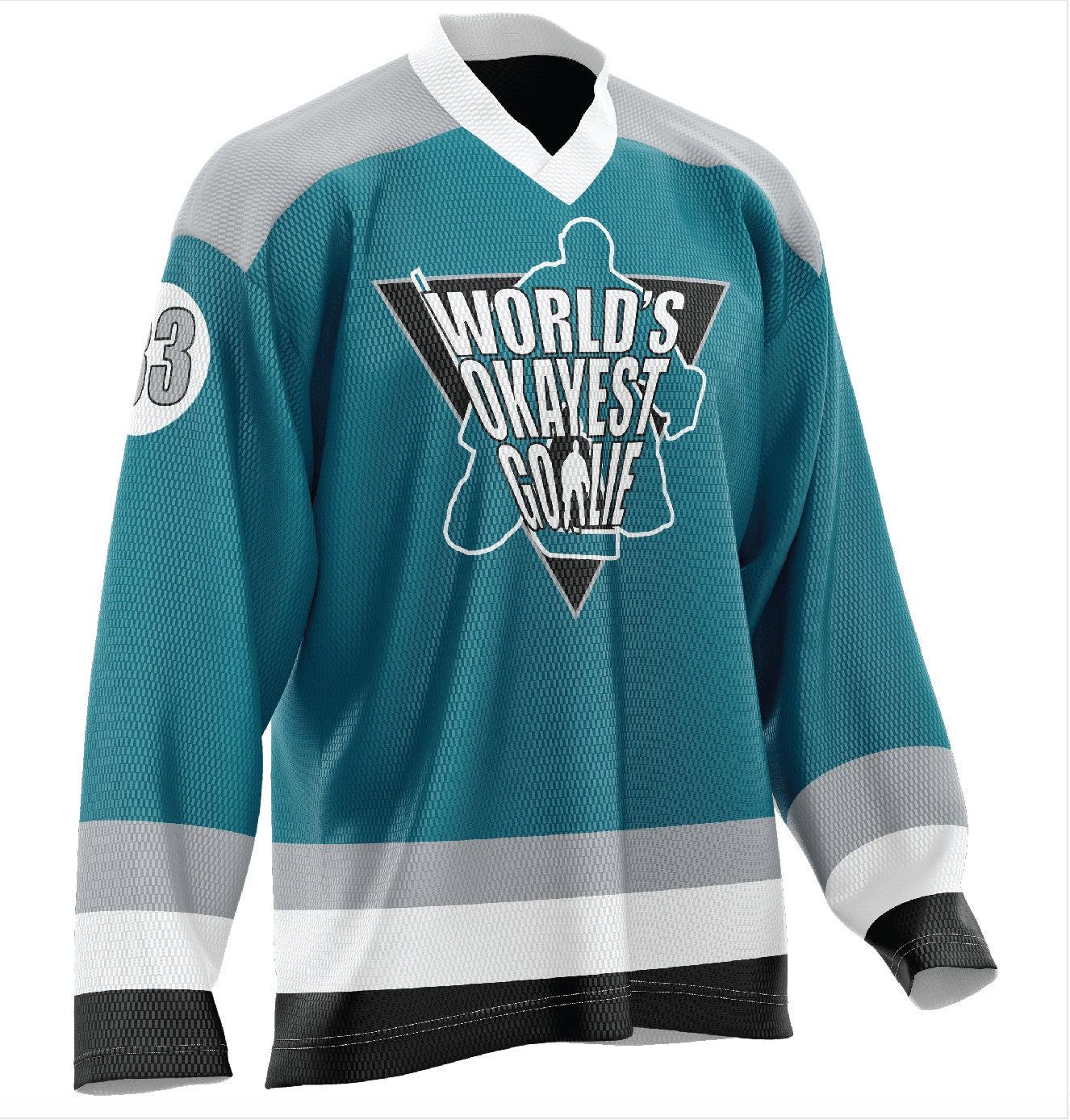 World's Okayest Goalie Hockey Jersey Teal/White/Gray