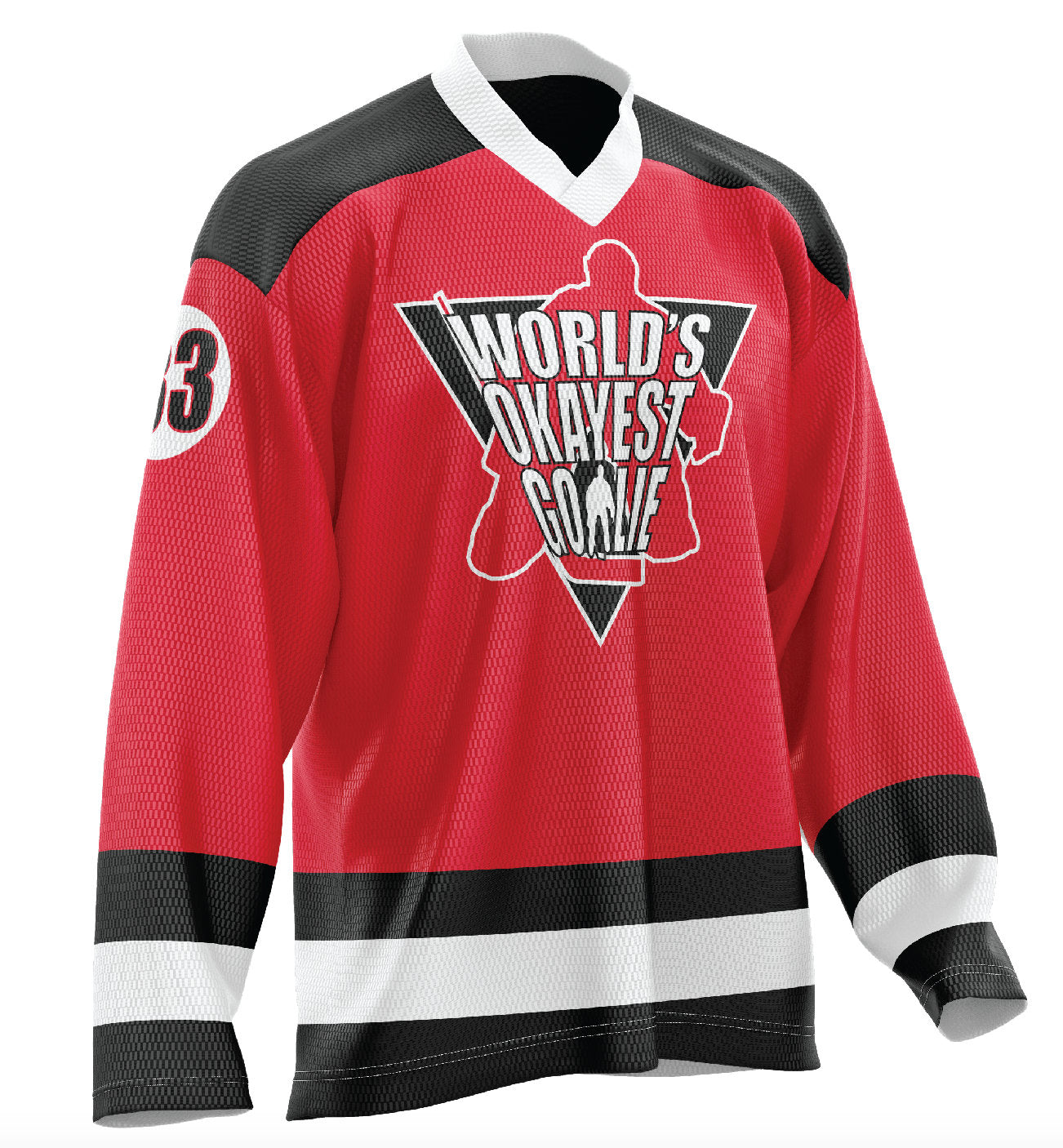 World's Okayest Goalie Hockey Jersey Red/Black/White