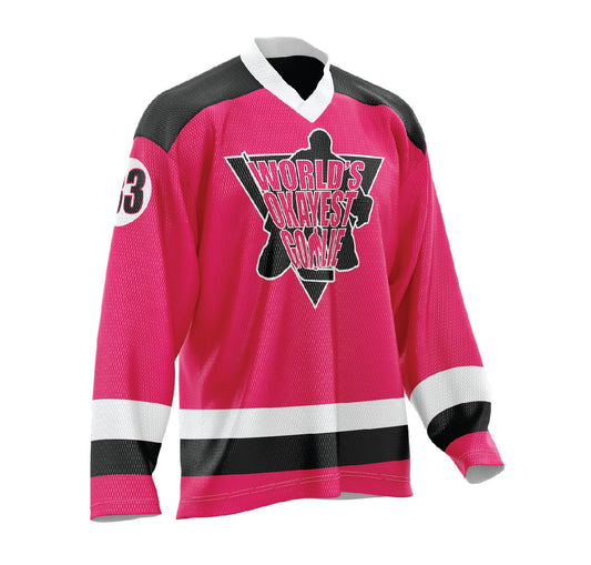 World's Okayest Goalie Hockey Jersey Neon Pink/Black/White