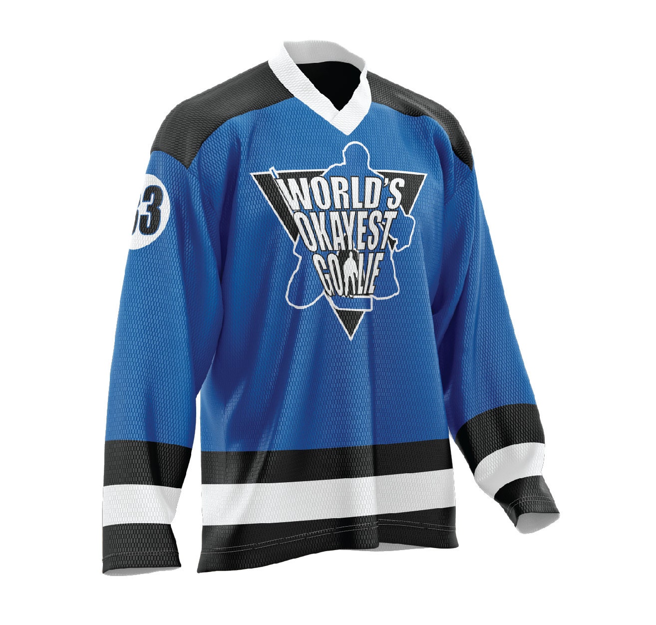 World's Okayest Goalie Hockey Jersey Blue/Black/White