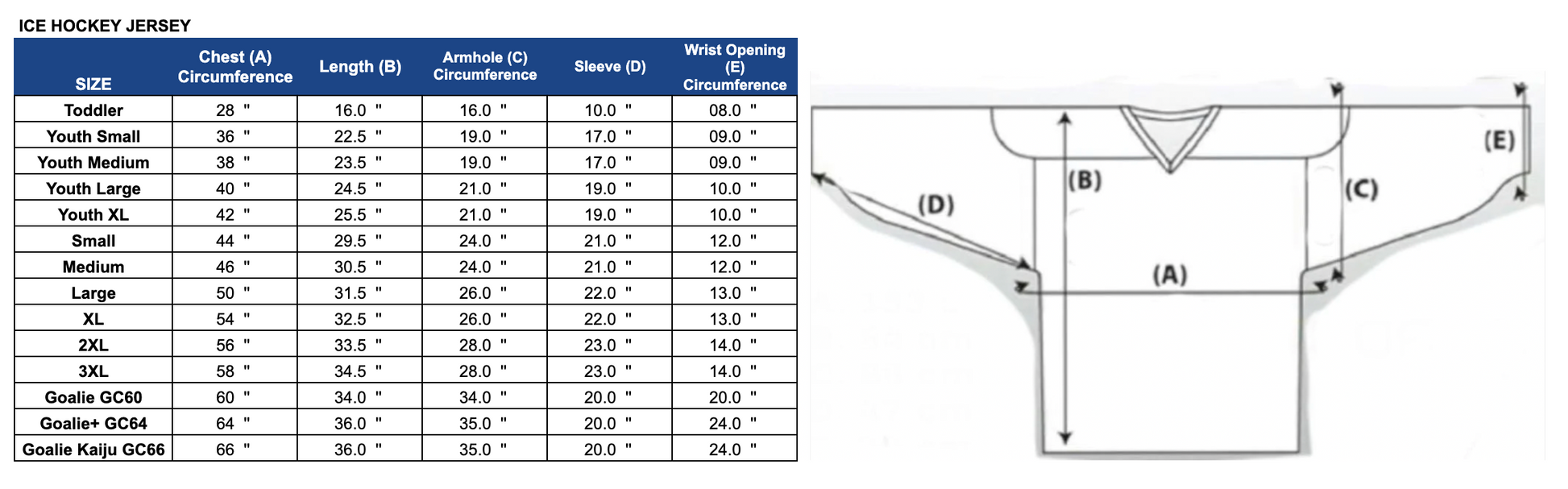 Goalie 2024 jersey sizes