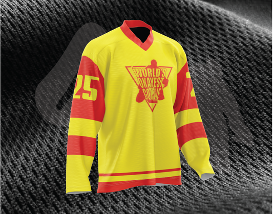 World's Okayest Goalie Cyber Yellow-Scarlet Red Ice Hockey Jersey