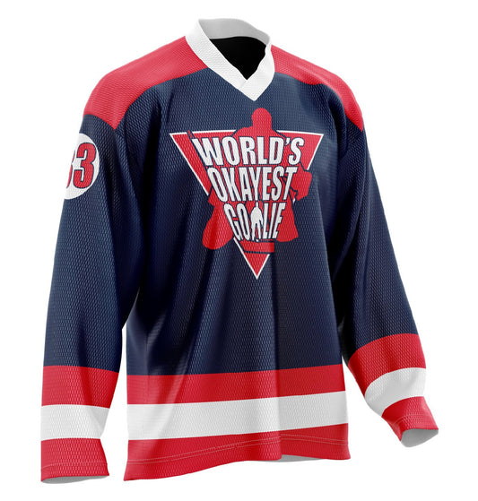 World's Okayest Goalie Hockey Jersey Navy Blue/Red/White